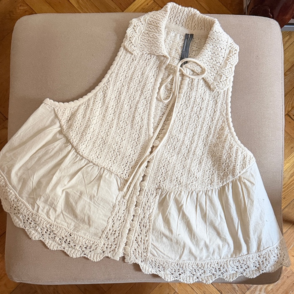 Cream Crochet & Cotton Button Front Vest
